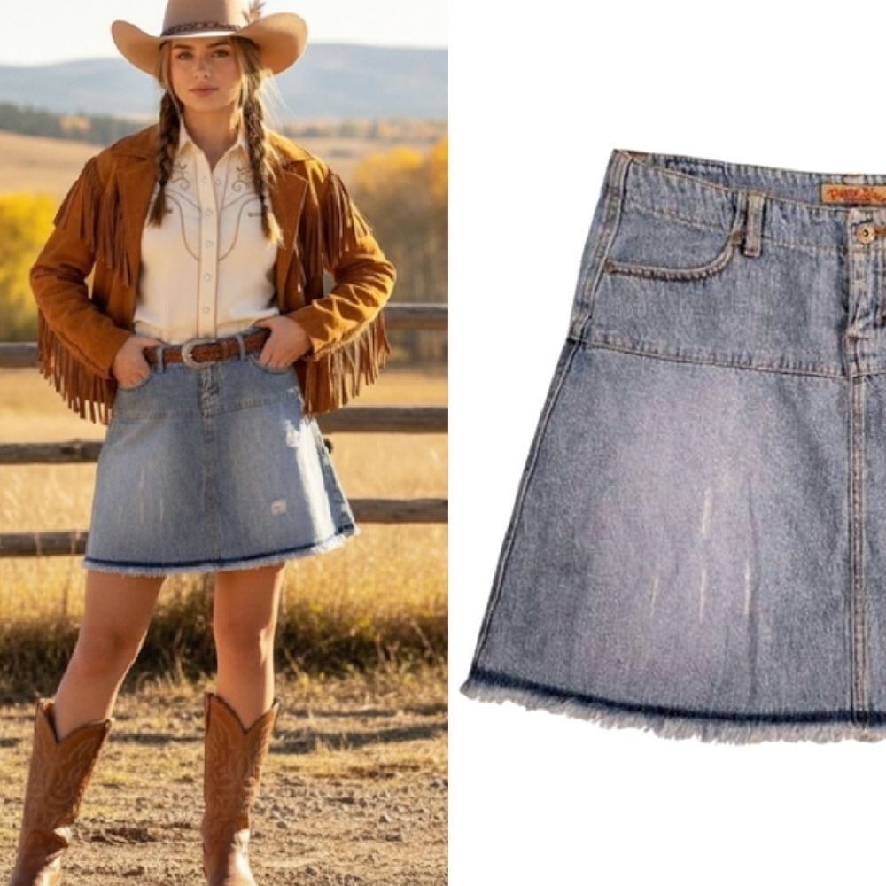 VTG Y2K Paris Blues Distressed ALine Raw Hem Mini Jean Skirt Size 11
